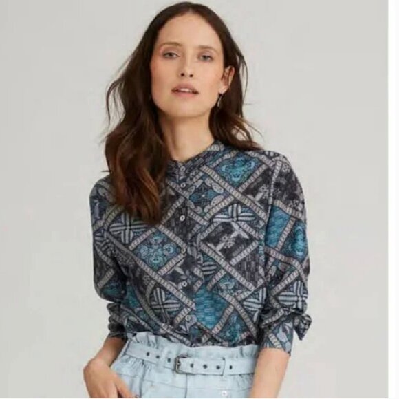 Megan Park Aulia Silk Blend Blouse Geometric Floral Block Print Size 6 - Picture 2 of 12